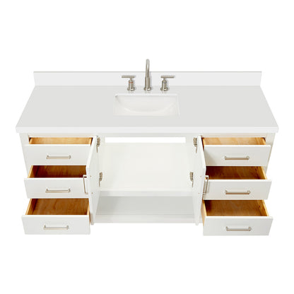 Olivia 60-inch White bathroom vanity on white back ground front view open door