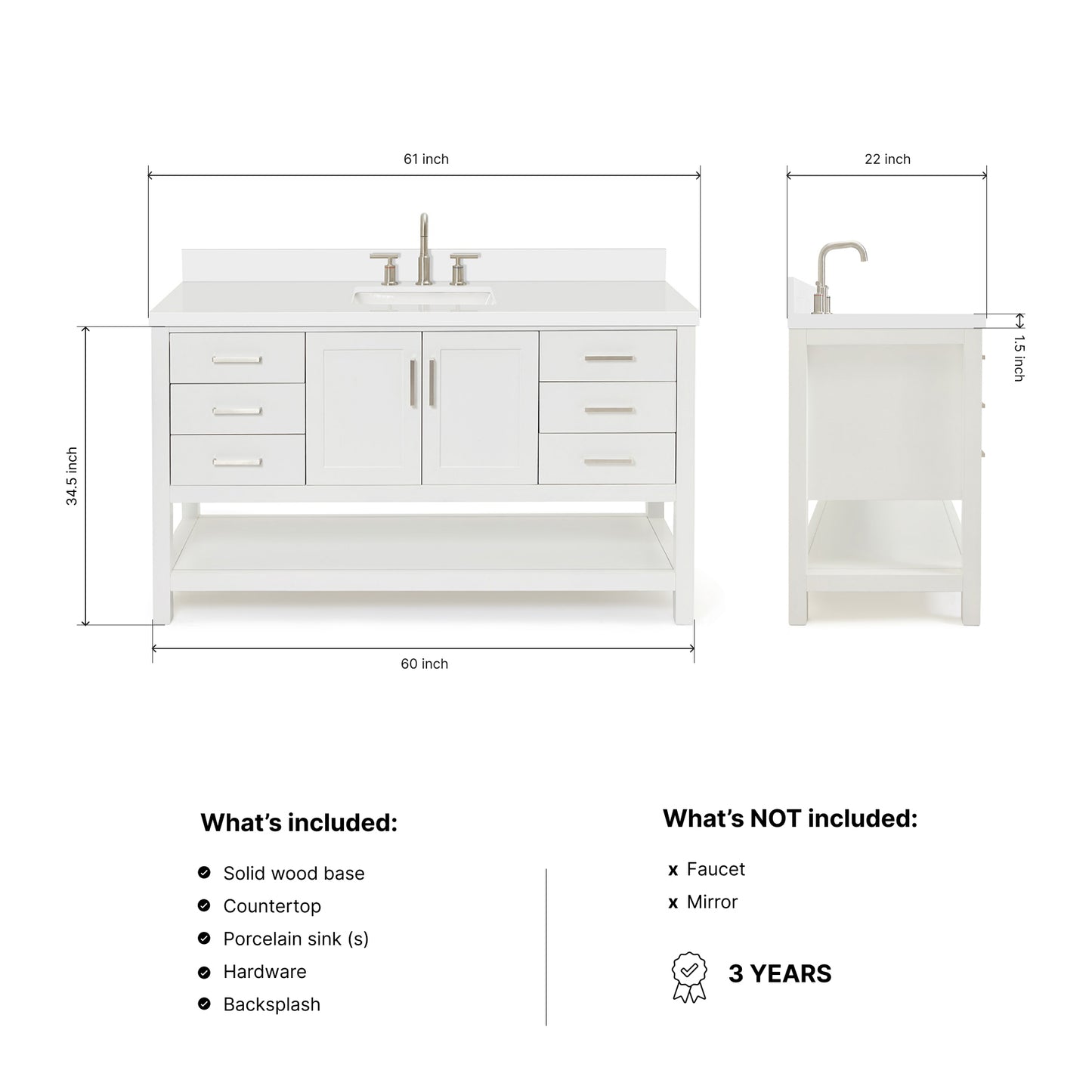 Olivia 60-inch White bathroom vanity on dimensions