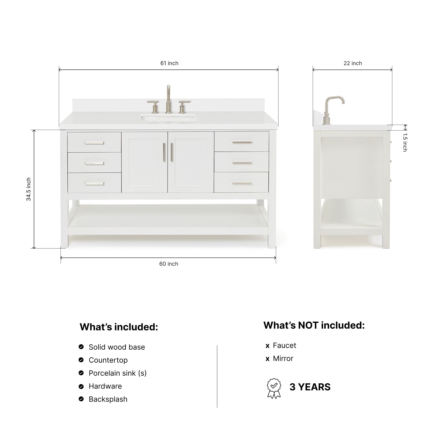 Olivia 60-inch White bathroom vanity on dimensions