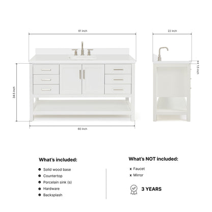 Olivia 60-inch White bathroom vanity on dimensions