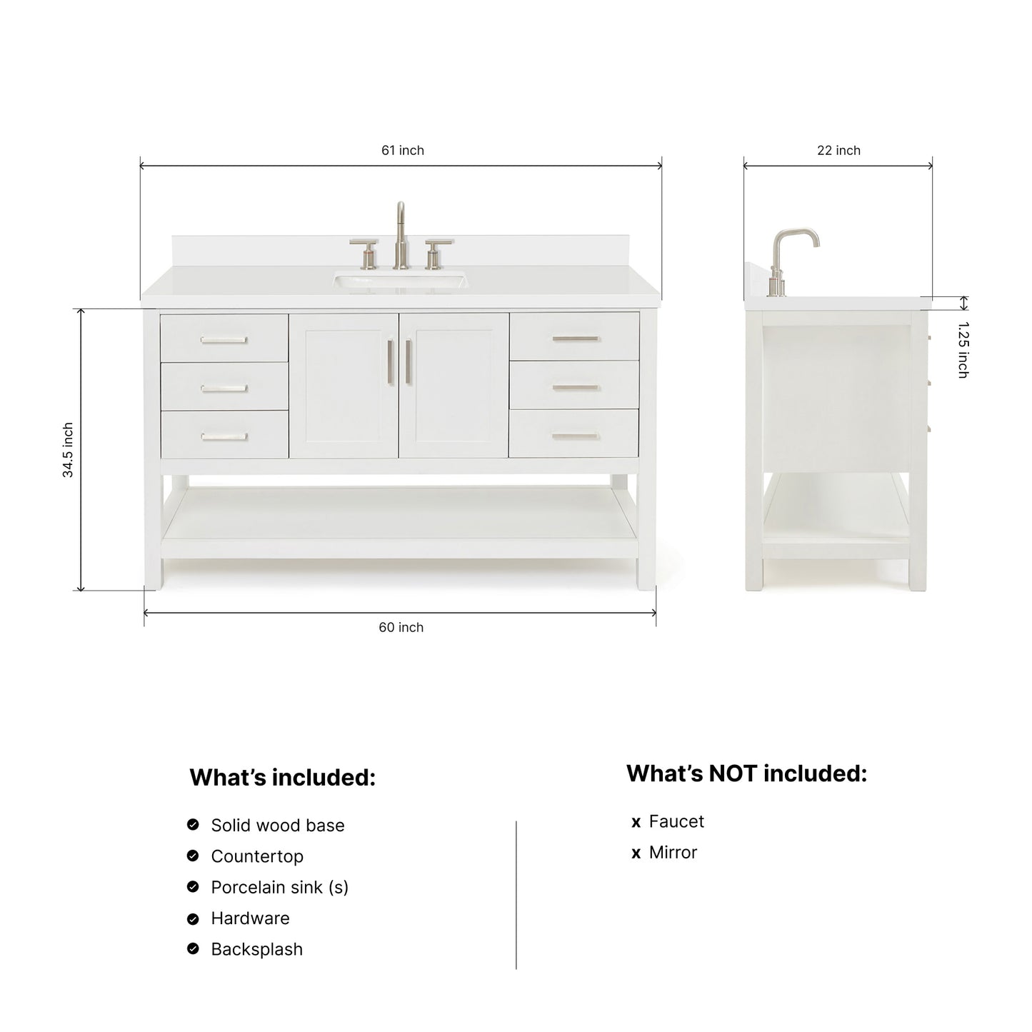 Olivia 60-inch White bathroom vanity on dimensions