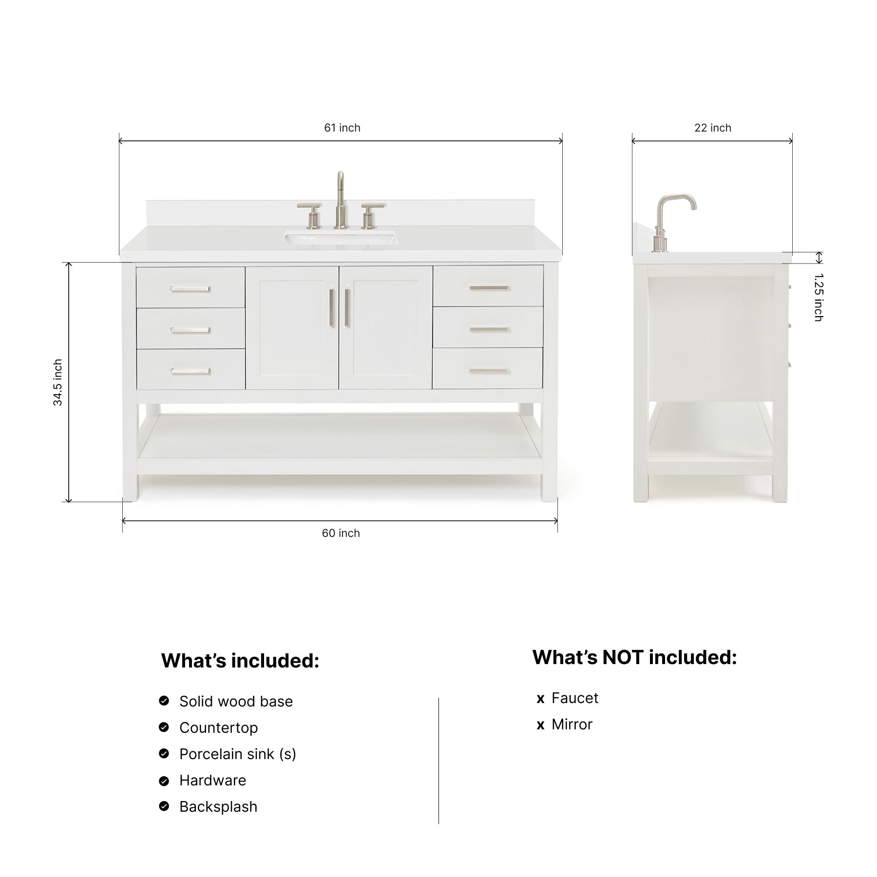Olivia 60-inch White bathroom vanity on dimensions