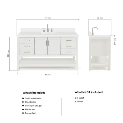 Olivia 60-inch White bathroom vanity on dimensions