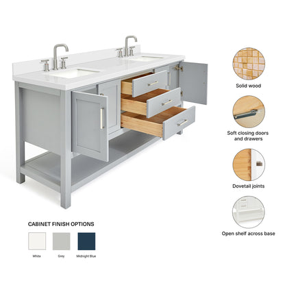 Olivia 72-inch Grey bathroom vanity on feature highlights: solid wood frame, soft-close doors and drawers, Sherwin-Williams paint finish