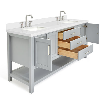 Olivia 72-inch Grey bathroom vanity on white back ground side view open door