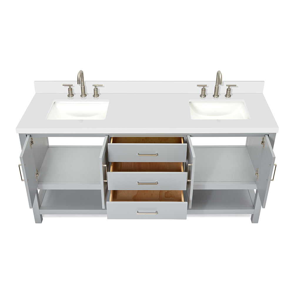 Olivia 72-inch Grey bathroom vanity on white back ground front view open door