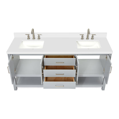 Olivia 72-inch Grey bathroom vanity on white back ground front view open door