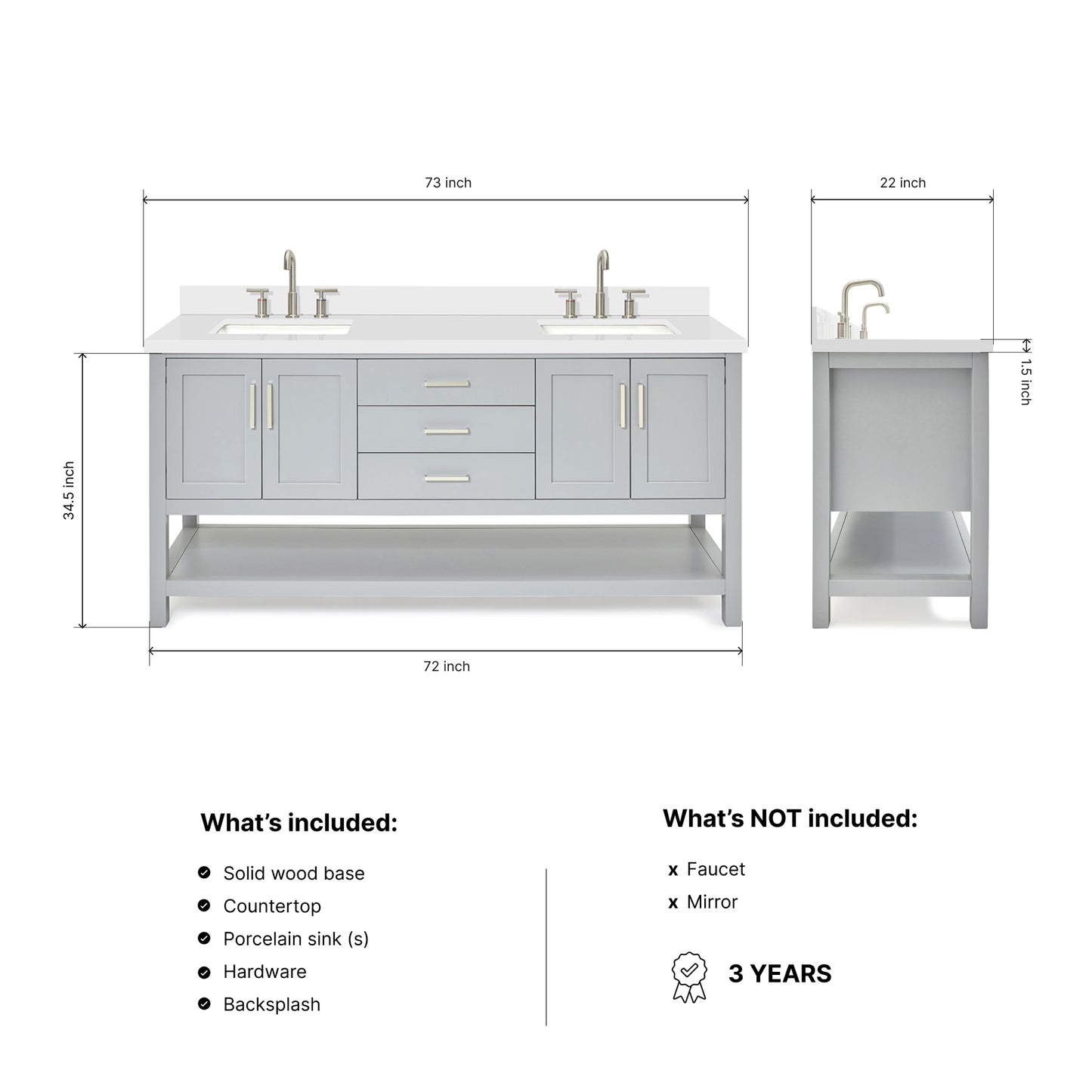 Olivia 72-inch Grey bathroom vanity on dimensions