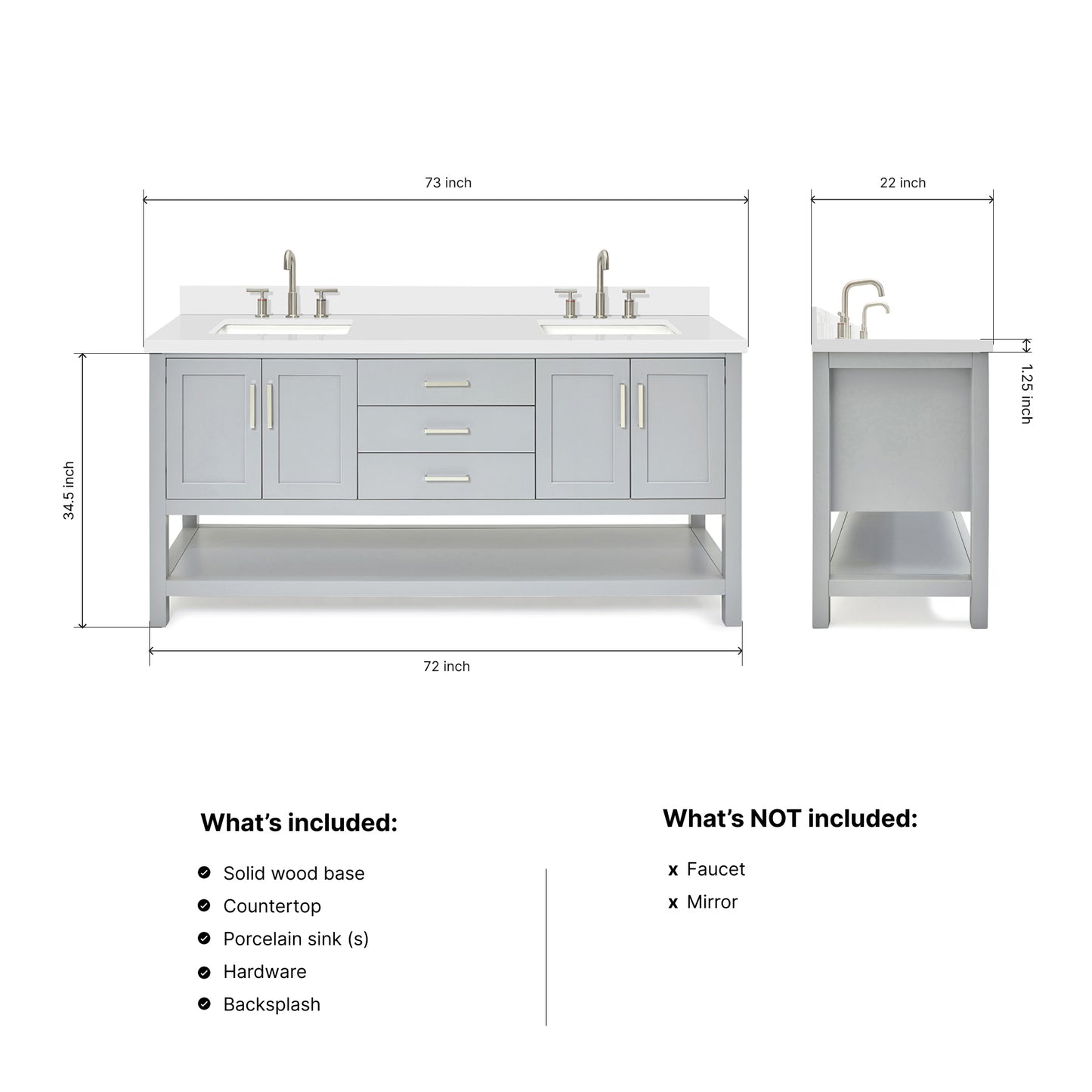 Olivia 72-inch Grey bathroom vanity on dimensions