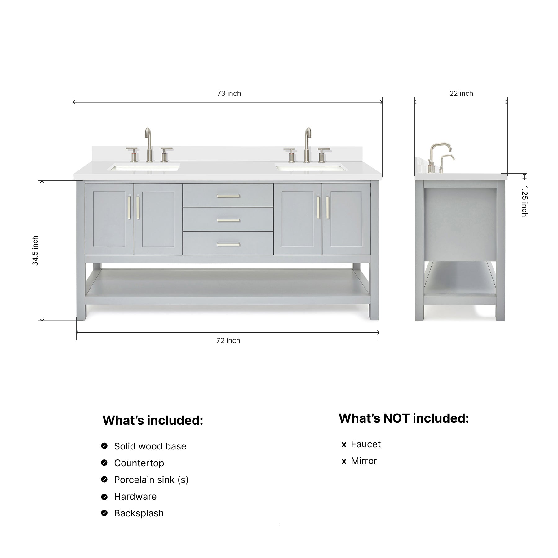 Olivia 72-inch Grey bathroom vanity on dimensions