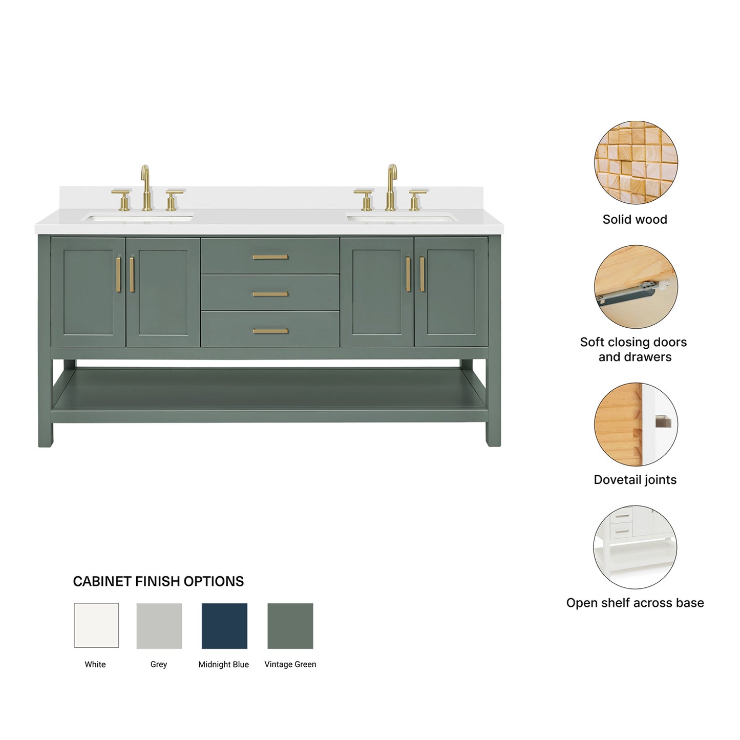 Olivia 72-inch Vintage Green bathroom vanity on feature highlights: solid wood frame, soft-close doors and drawers, Sherwin-Williams paint finish