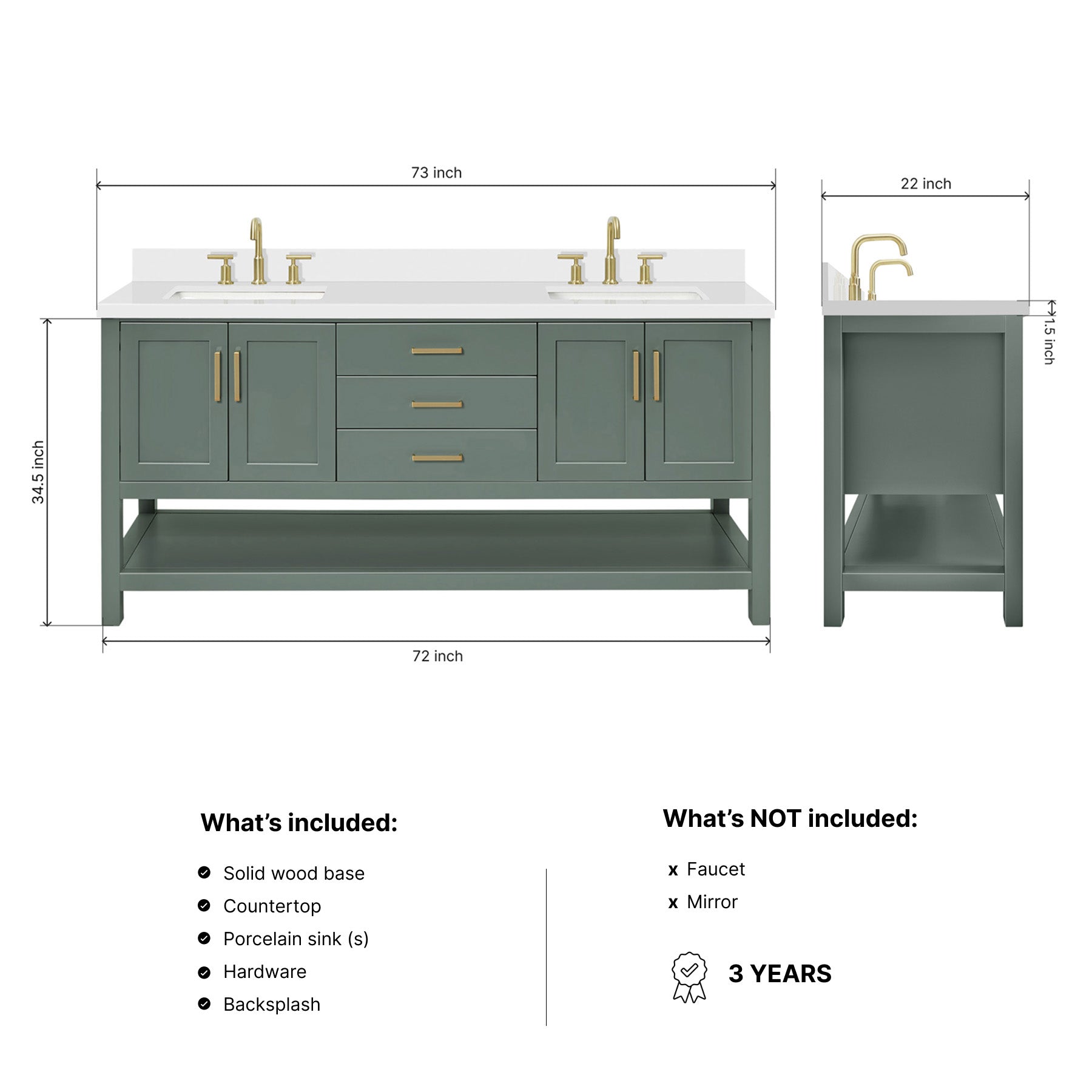 Olivia 72-inch Vintage Green bathroom vanity on dimensions