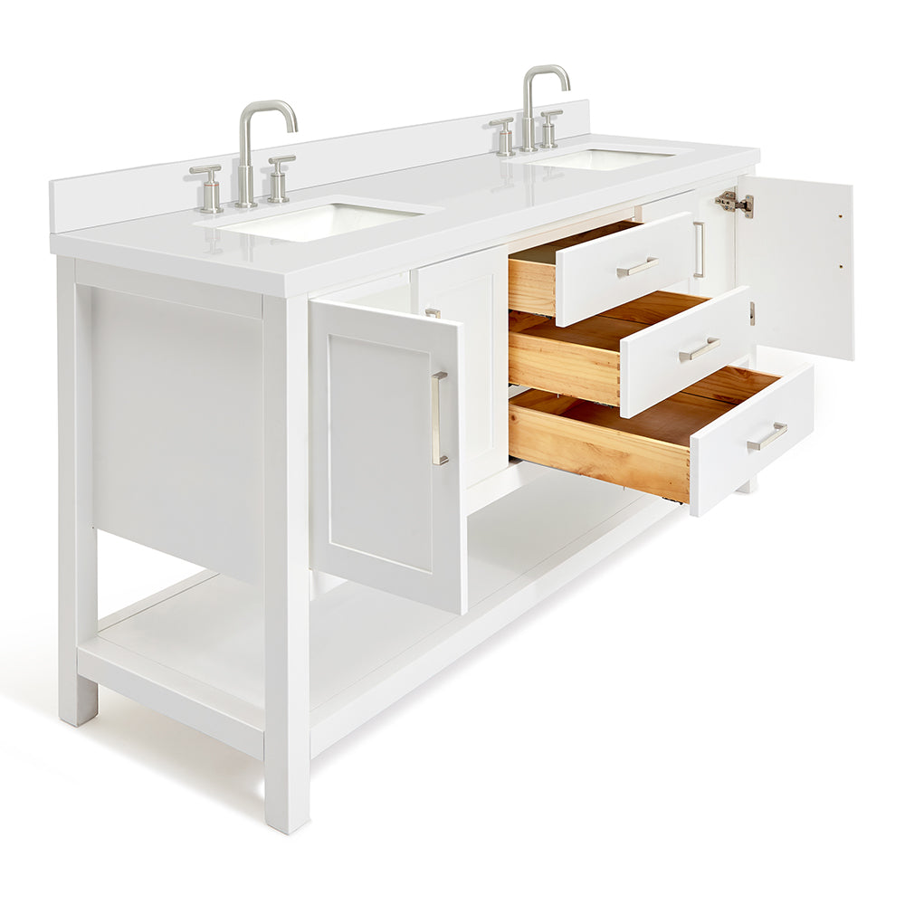 Olivia 72-inch White bathroom vanity on white back ground side view open door