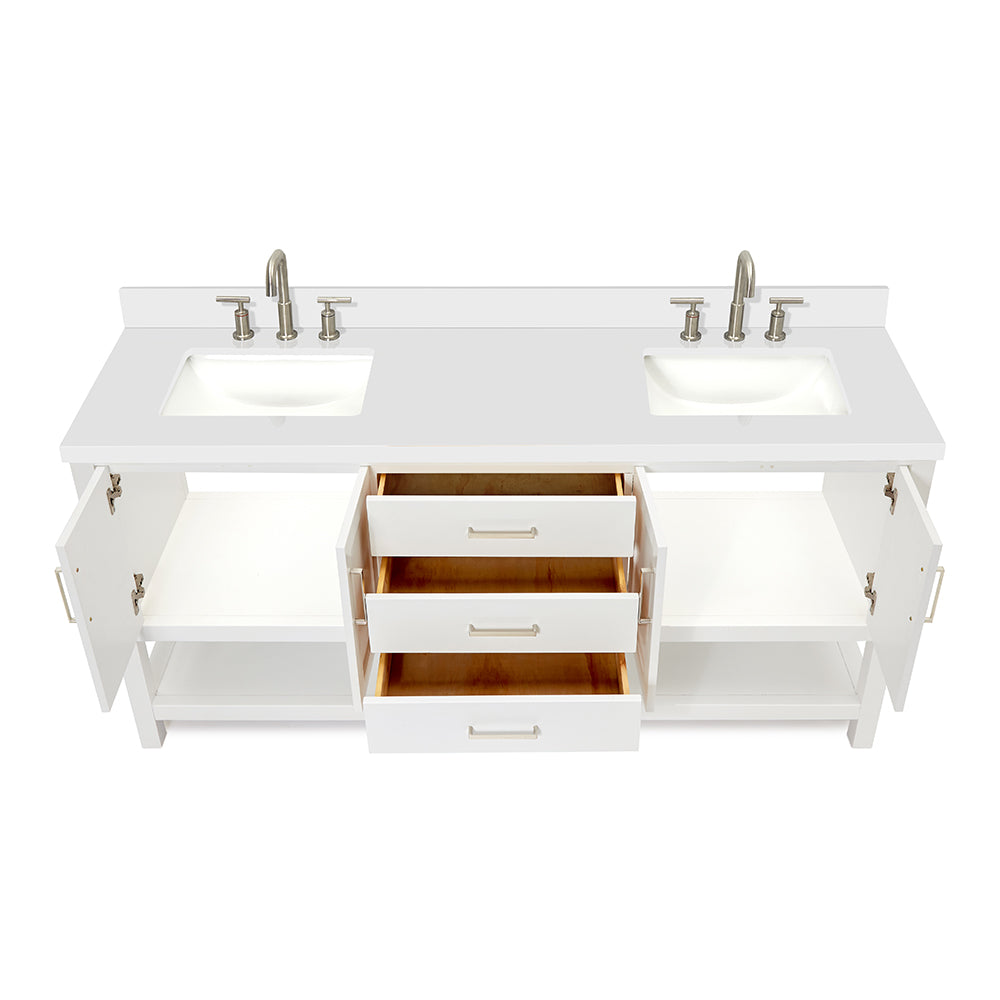 Olivia 72-inch White bathroom vanity on white back ground front view open door