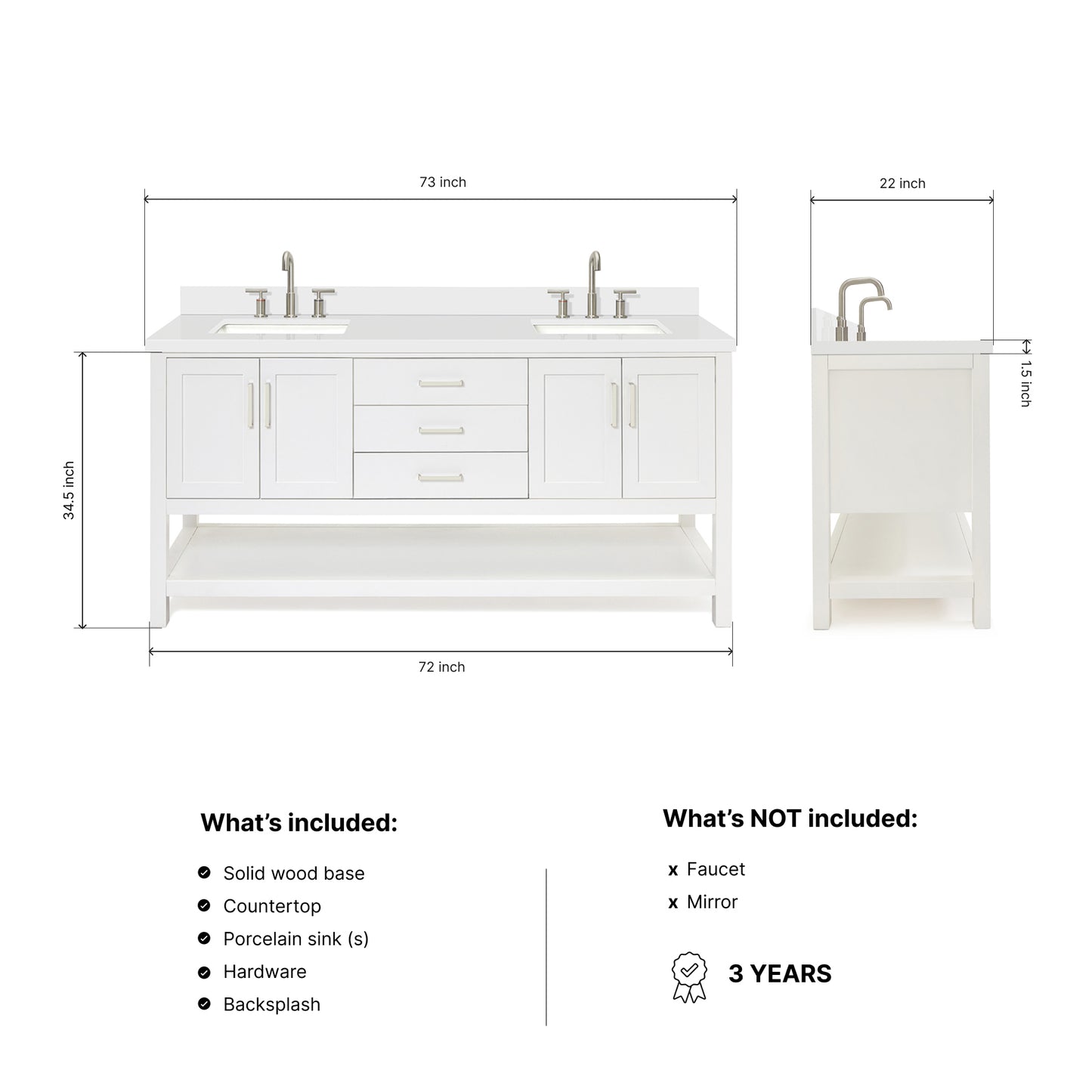 Olivia 72-inch White bathroom vanity on dimensions