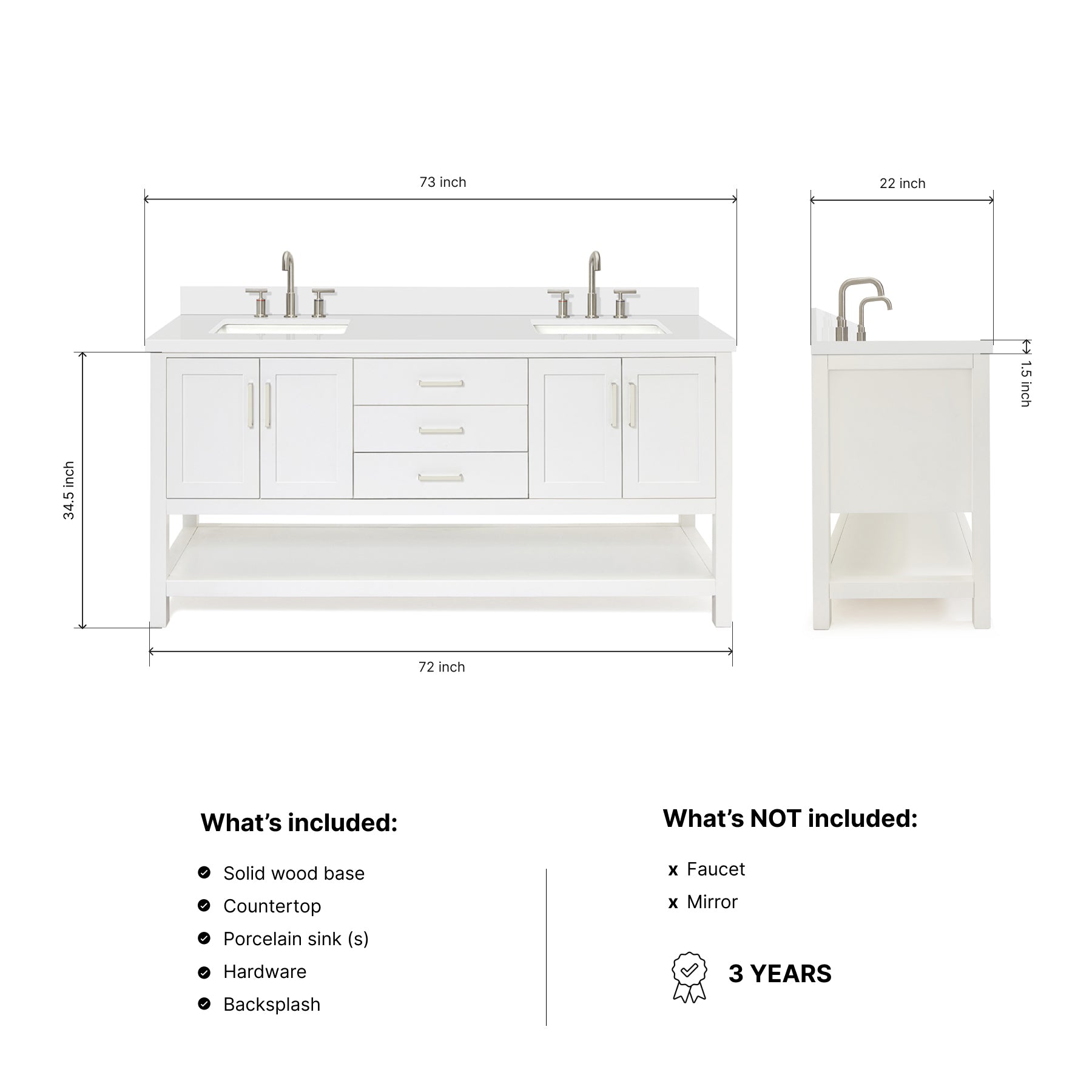 Olivia 72-inch White bathroom vanity on dimensions