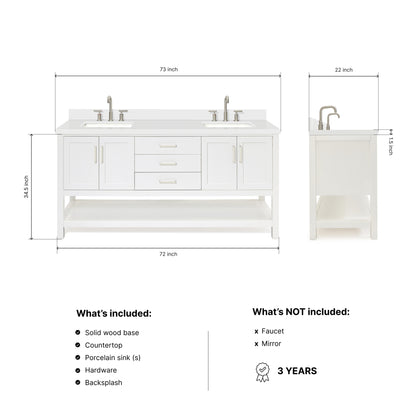 Olivia 72-inch White bathroom vanity on dimensions
