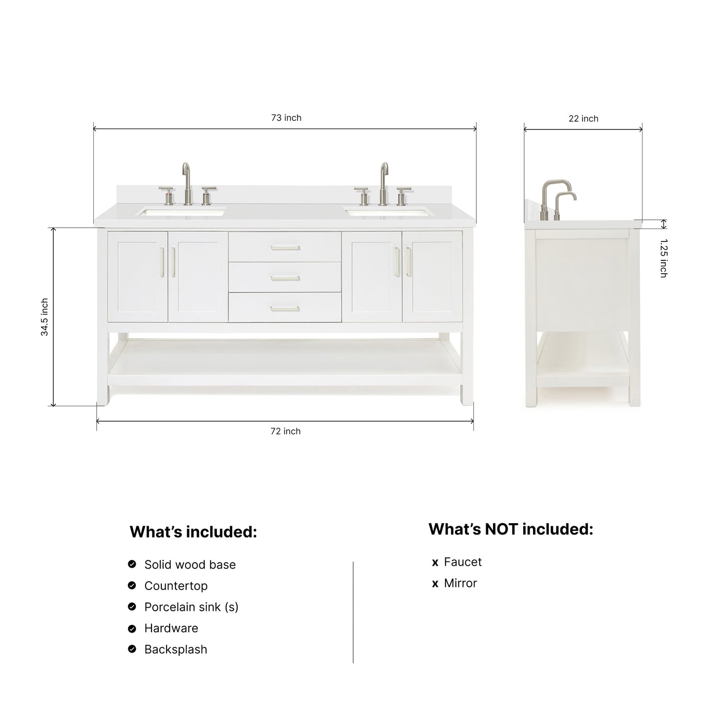 Olivia 72-inch White bathroom vanity on dimensions