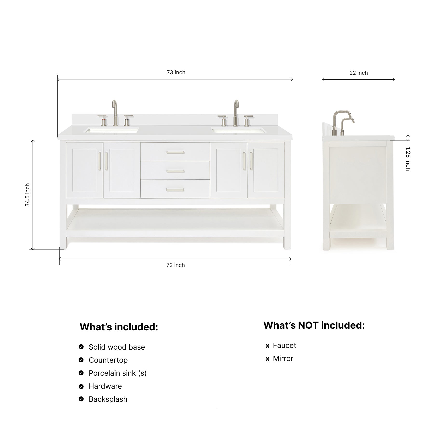 Olivia 72-inch White bathroom vanity on dimensions