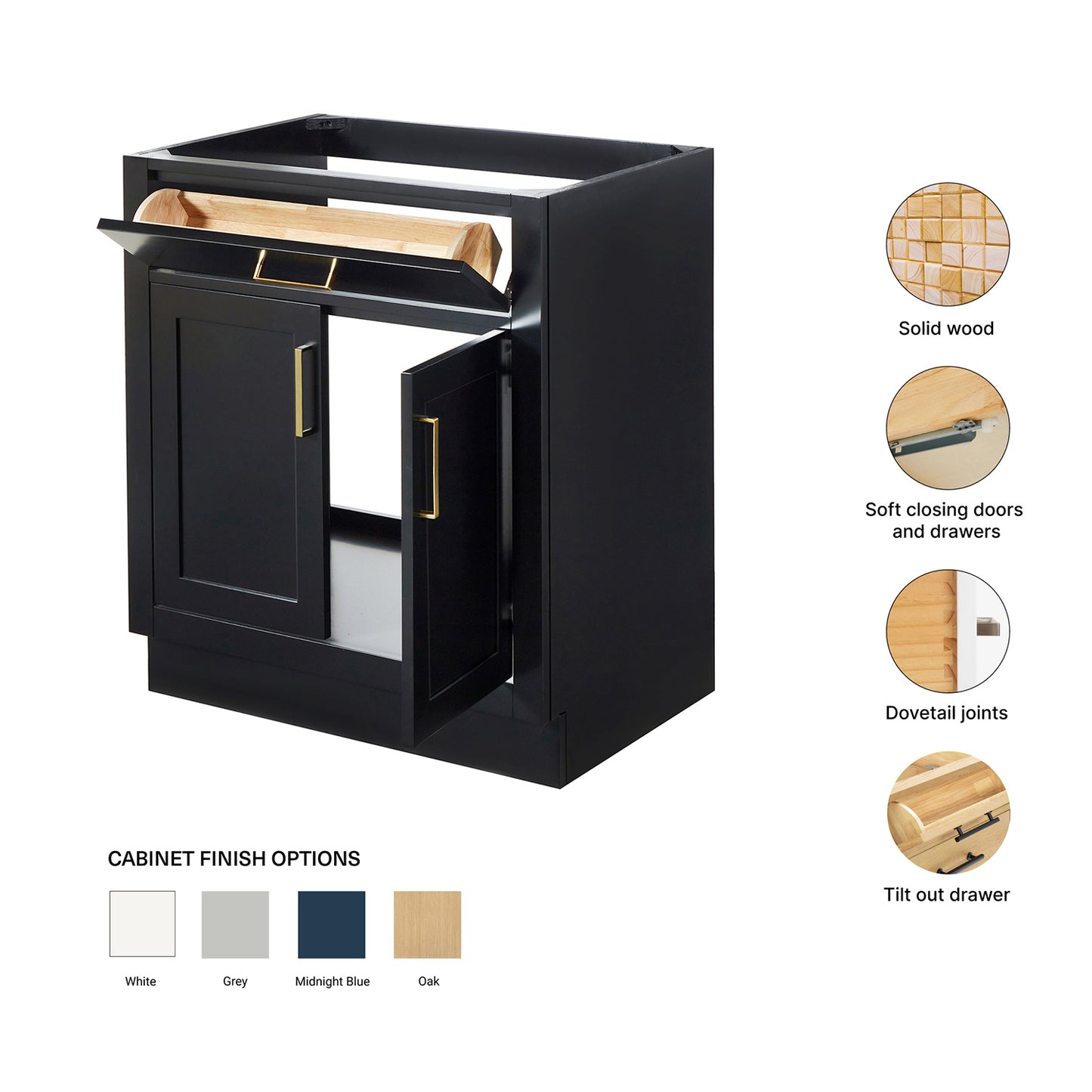 Isabella 30-inch Black base cabinet on feature highlights: solid wood frame, soft-close doors and drawers, Sherwin-Williams paint finish