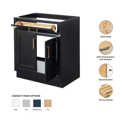 Isabella 30-inch Black base cabinet on feature highlights: solid wood frame, soft-close doors and drawers, Sherwin-Williams paint finish
