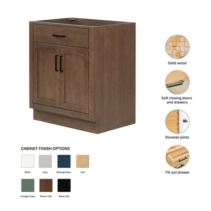 Isabella 30-inch Brown Oak base cabinet on feature highlights: solid wood frame, soft-close doors and drawers, Sherwin-Williams paint finish