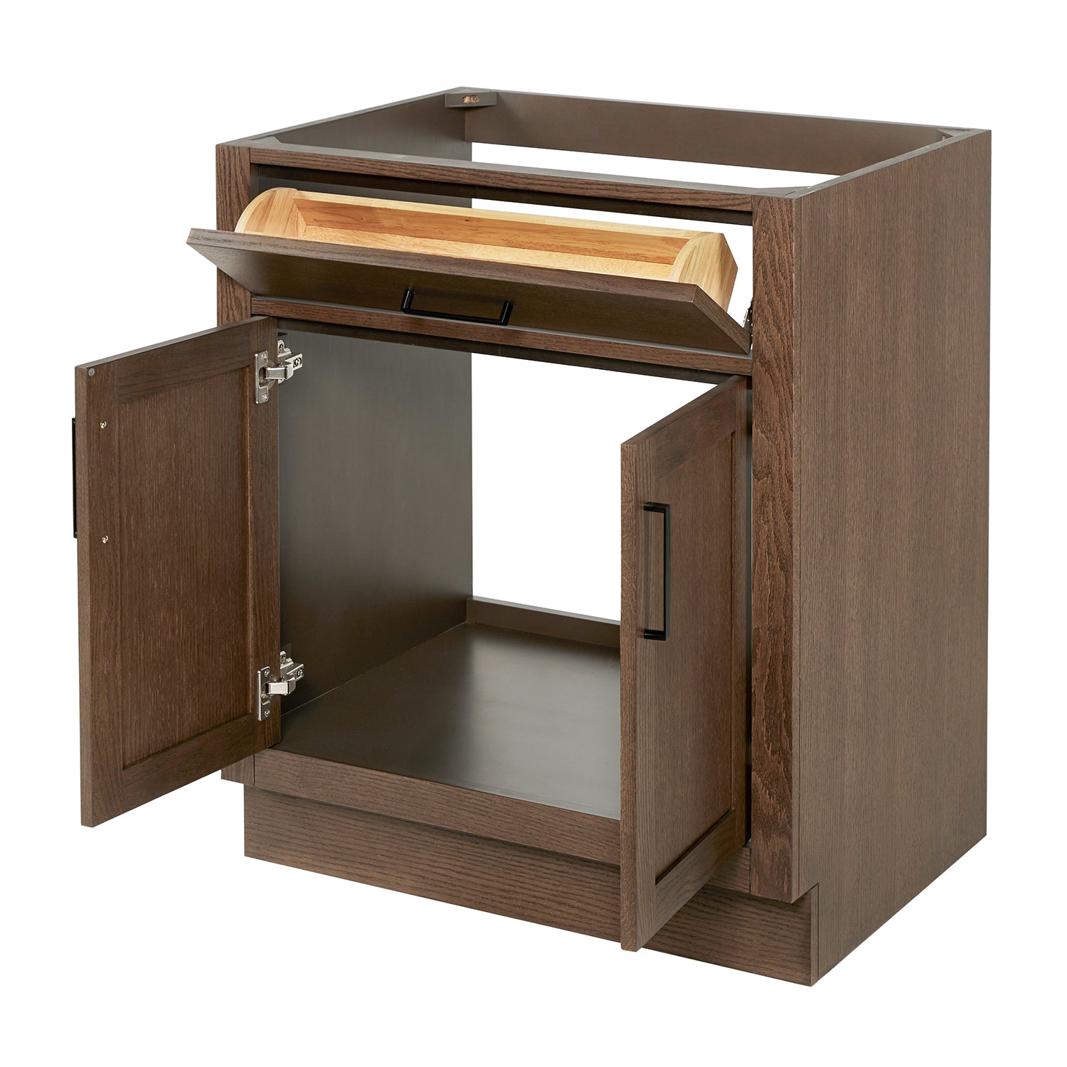 Isabella 30-inch Brown Oak base cabinet on white back ground side view open door