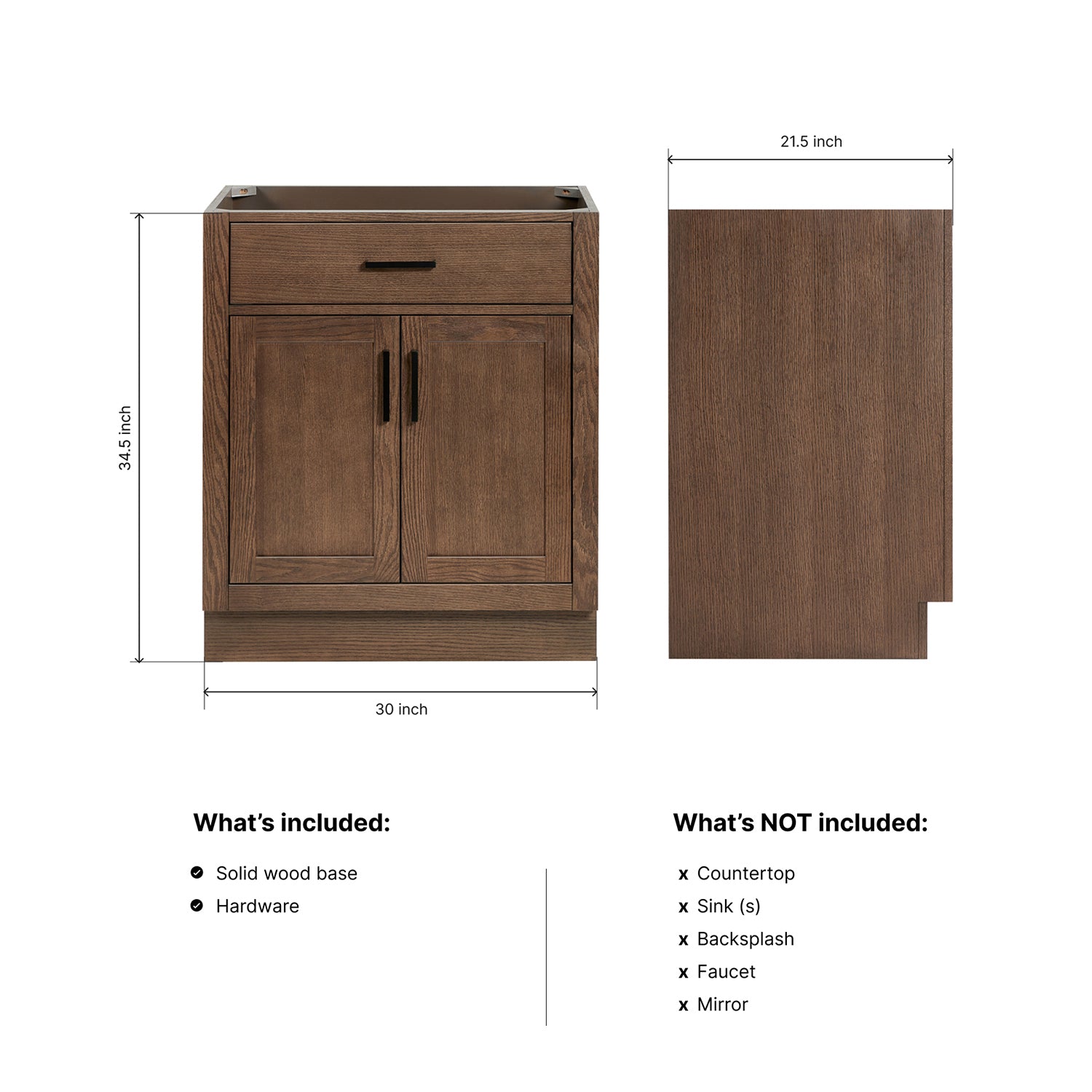 Isabella 30-inch Brown Oak base cabinet on dimensions