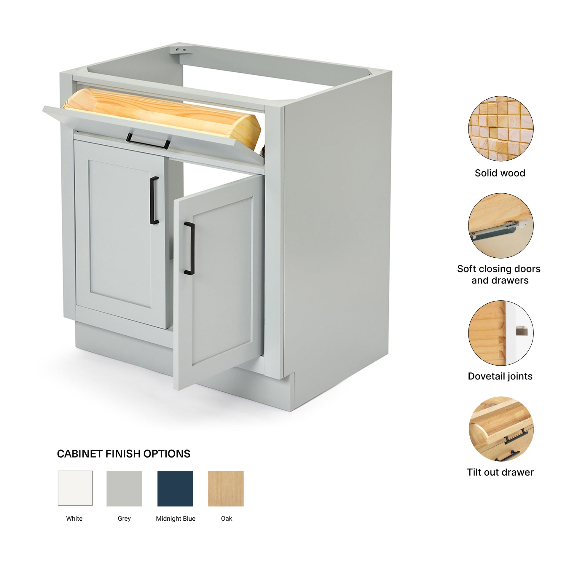 Isabella 30-inch Grey base cabinet on feature highlights: solid wood frame, soft-close doors and drawers, Sherwin-Williams paint finish