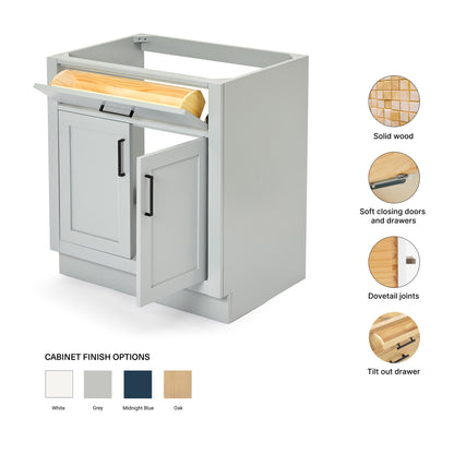 Isabella 30-inch Grey base cabinet on feature highlights: solid wood frame, soft-close doors and drawers, Sherwin-Williams paint finish