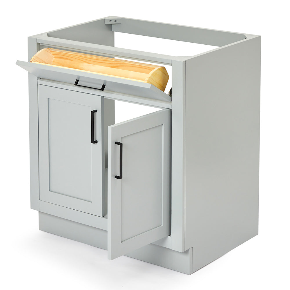 Isabella 30-inch Grey base cabinet on white back ground side view open door