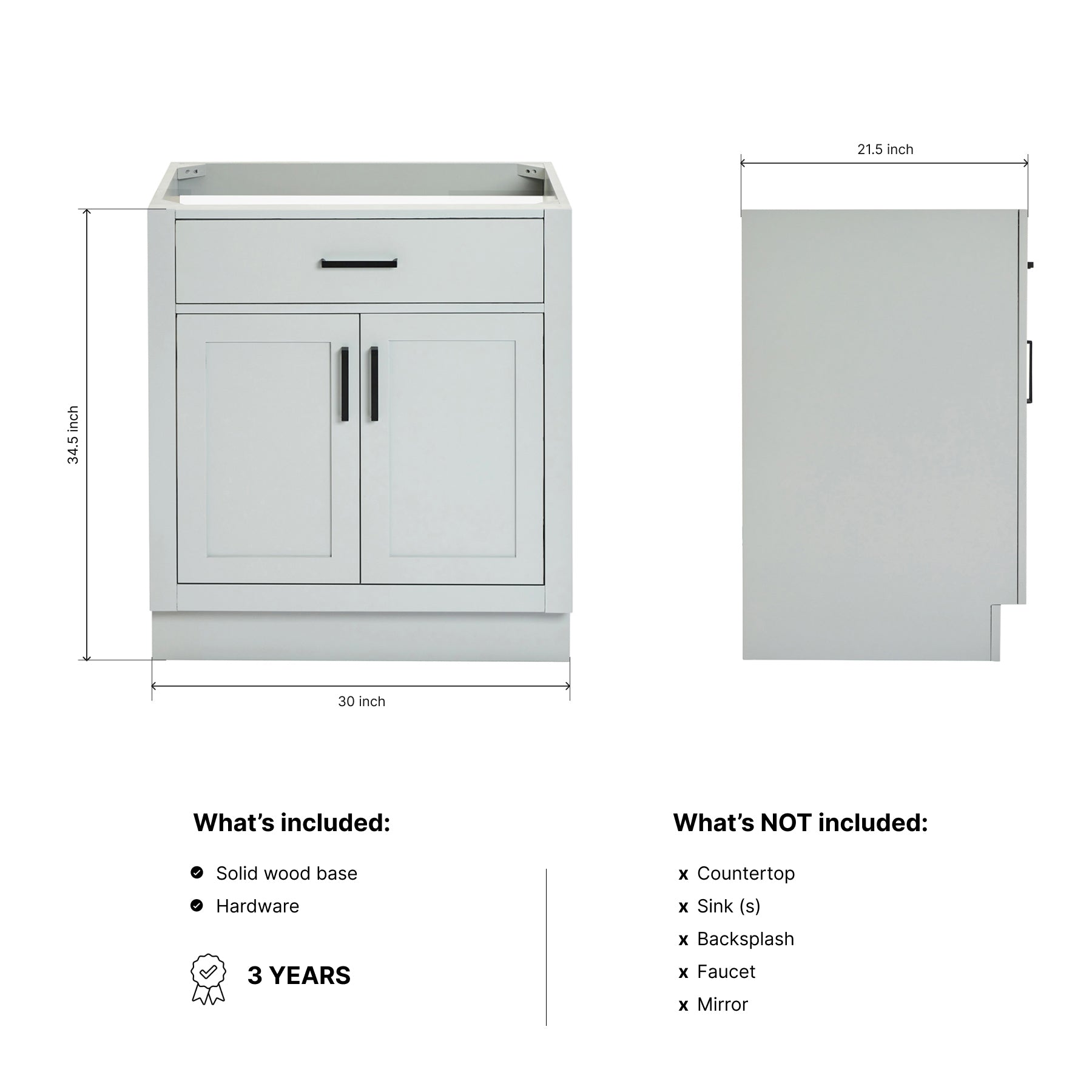 Isabella 30-inch Grey base cabinet on dimensions
