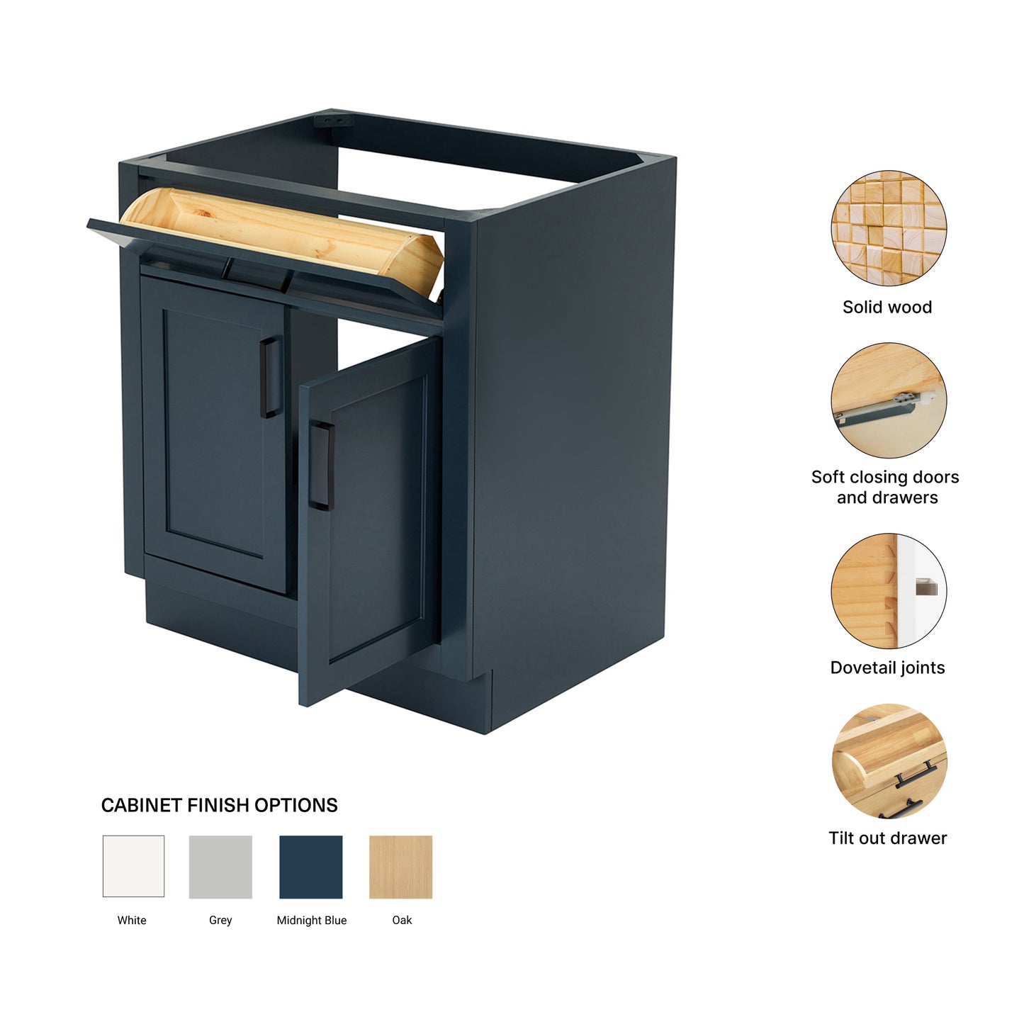 Isabella 30-inch Midnight Blue base cabinet on feature highlights: solid wood frame, soft-close doors and drawers, Sherwin-Williams paint finish