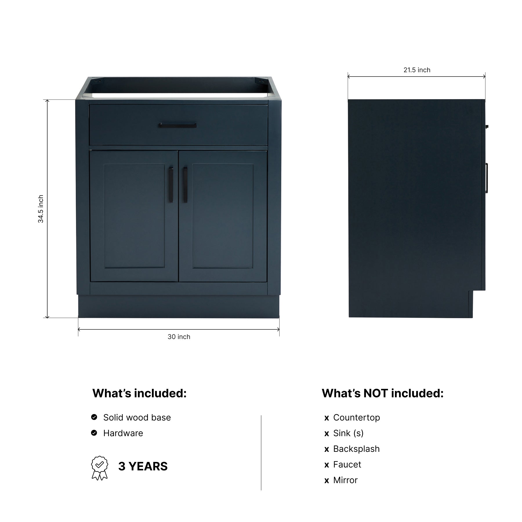Isabella 30-inch Midnight Blue base cabinet on dimensions