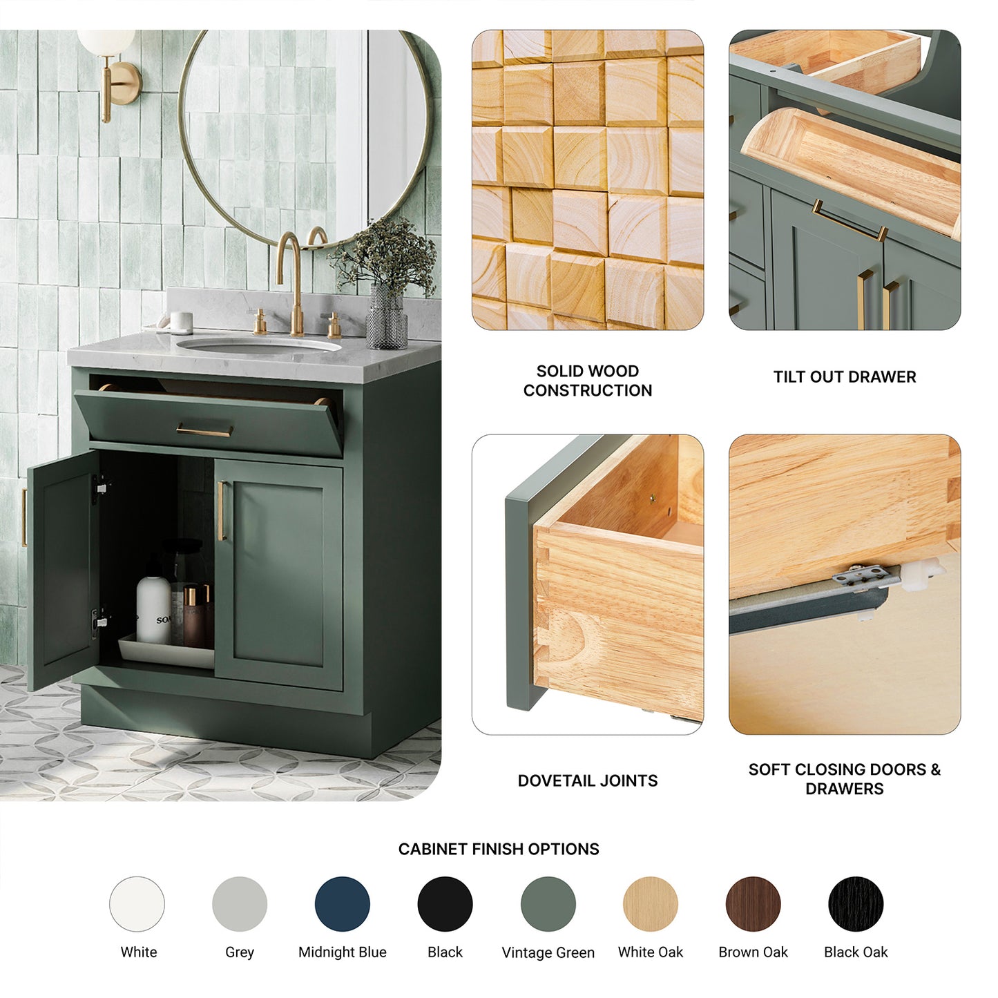 Isabella 30-inch Vintage Green base cabinet on feature highlights: solid wood frame, soft-close doors and drawers, Sherwin-Williams paint finish