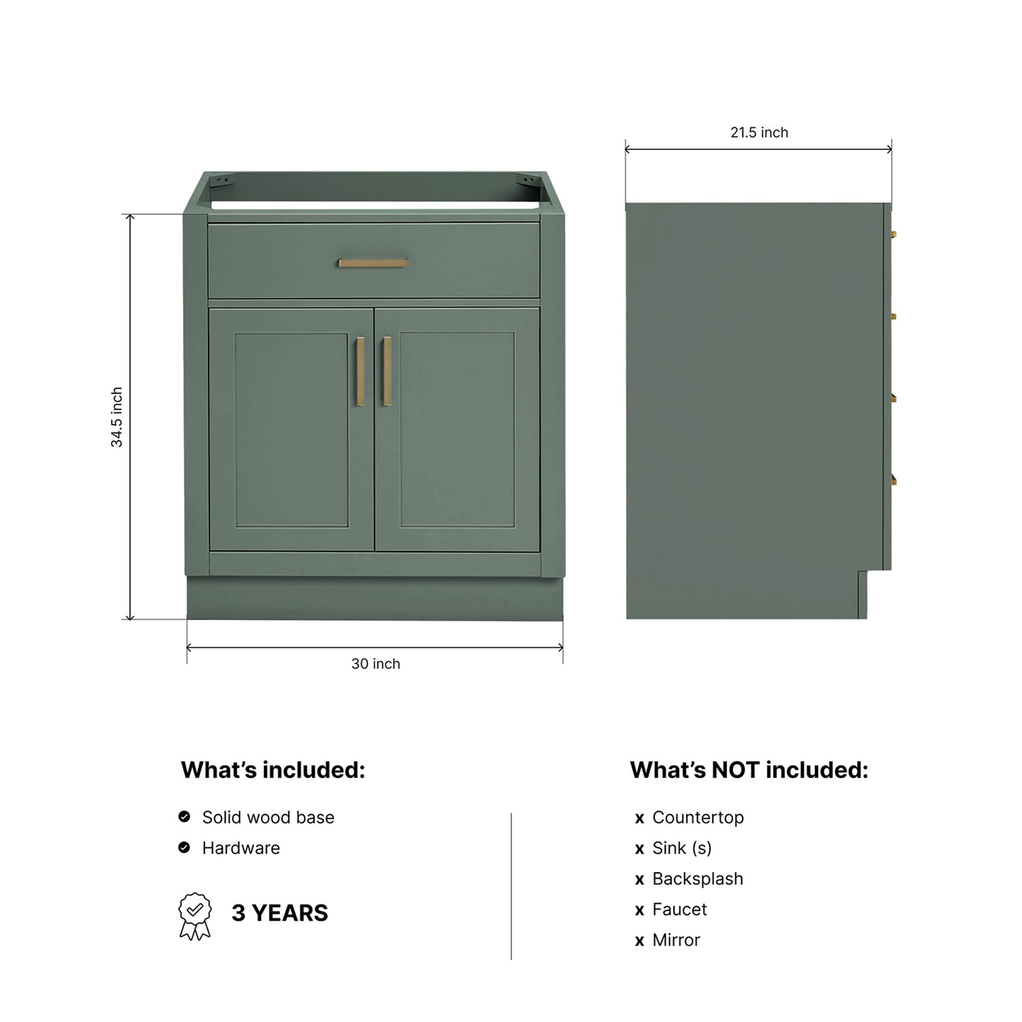 Isabella 30-inch Vintage Green base cabinet on dimensions