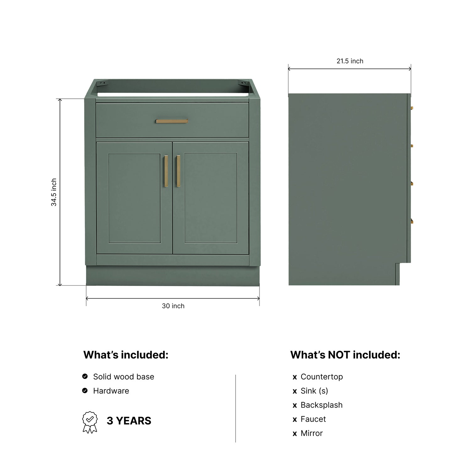 Isabella 30-inch Vintage Green base cabinet on dimensions