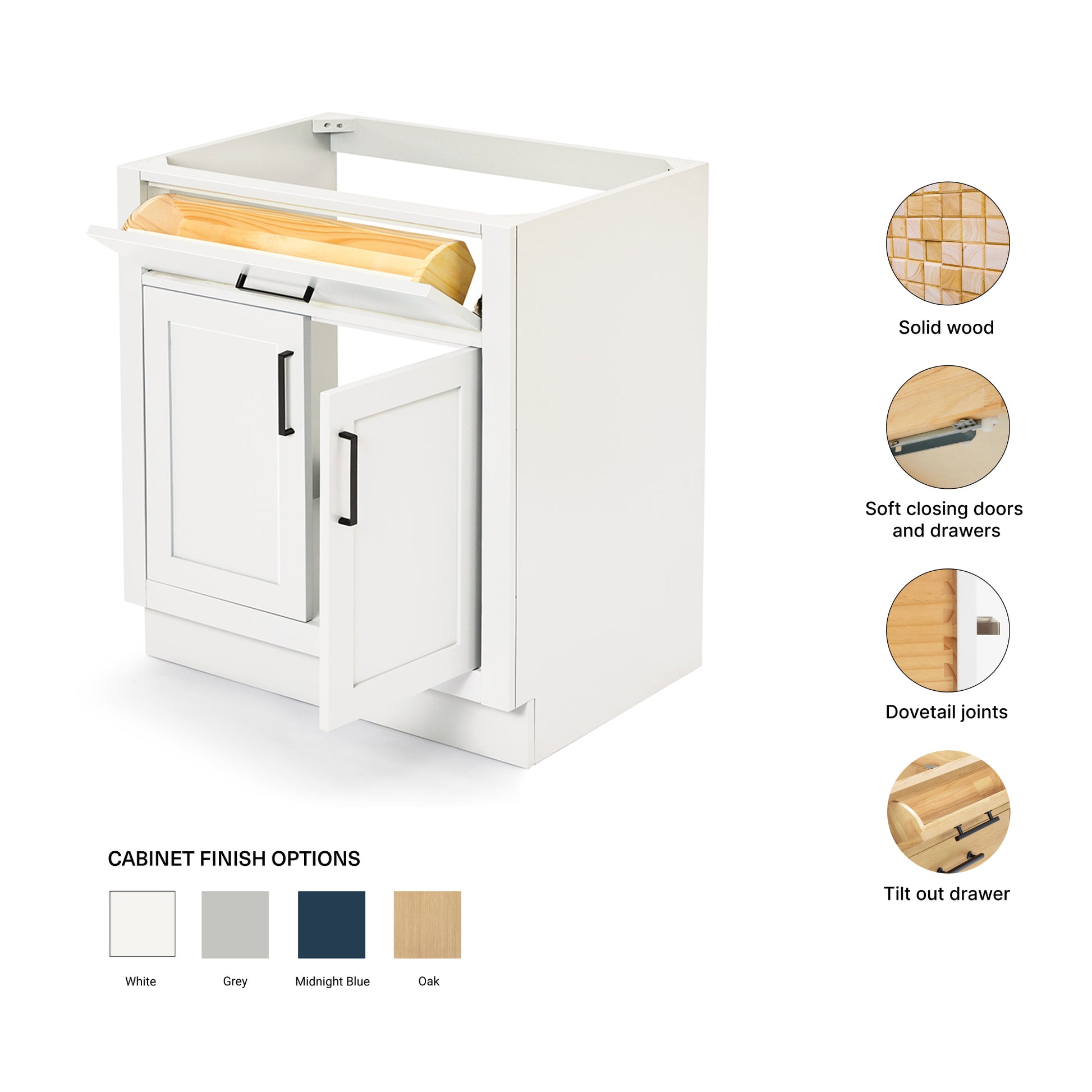 Isabella 30-inch White base cabinet on feature highlights: solid wood frame, soft-close doors and drawers, Sherwin-Williams paint finish