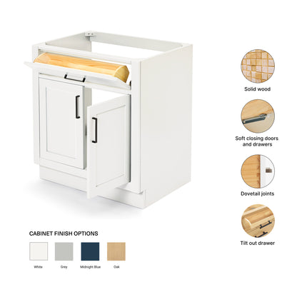 Isabella 30-inch White base cabinet on feature highlights: solid wood frame, soft-close doors and drawers, Sherwin-Williams paint finish