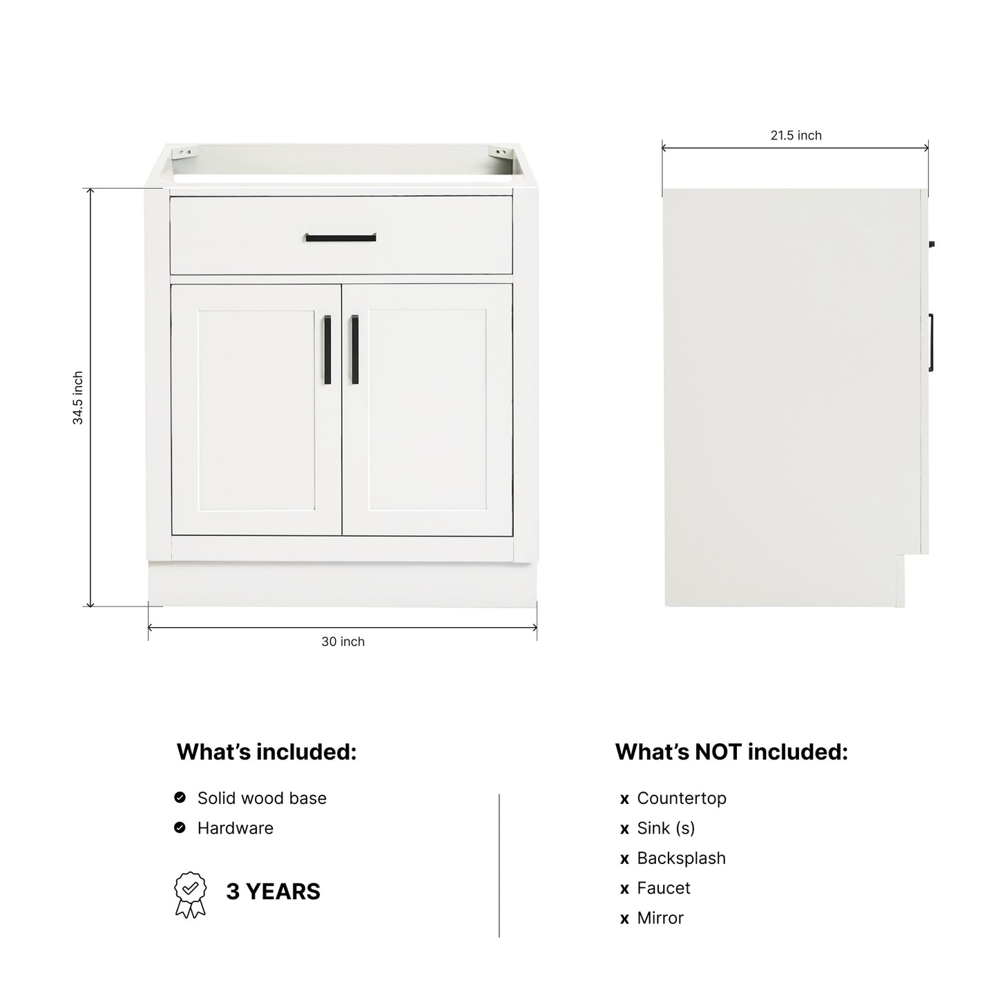 Isabella 30-inch White base cabinet on dimensions