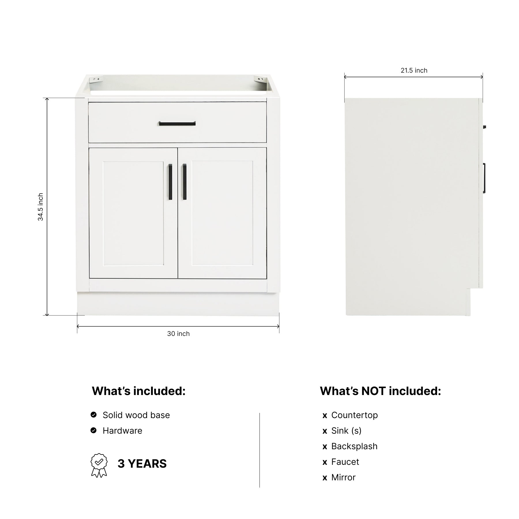 Isabella 30-inch White base cabinet on dimensions