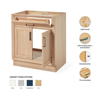 Isabella 30-inch Natural Oak base cabinet on feature highlights: solid wood frame, soft-close doors and drawers, Sherwin-Williams paint finish