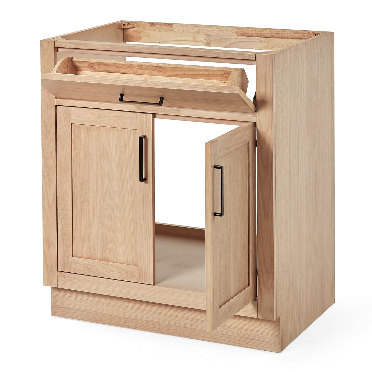 Isabella 30-inch Natural Oak base cabinet on white back ground side view open door