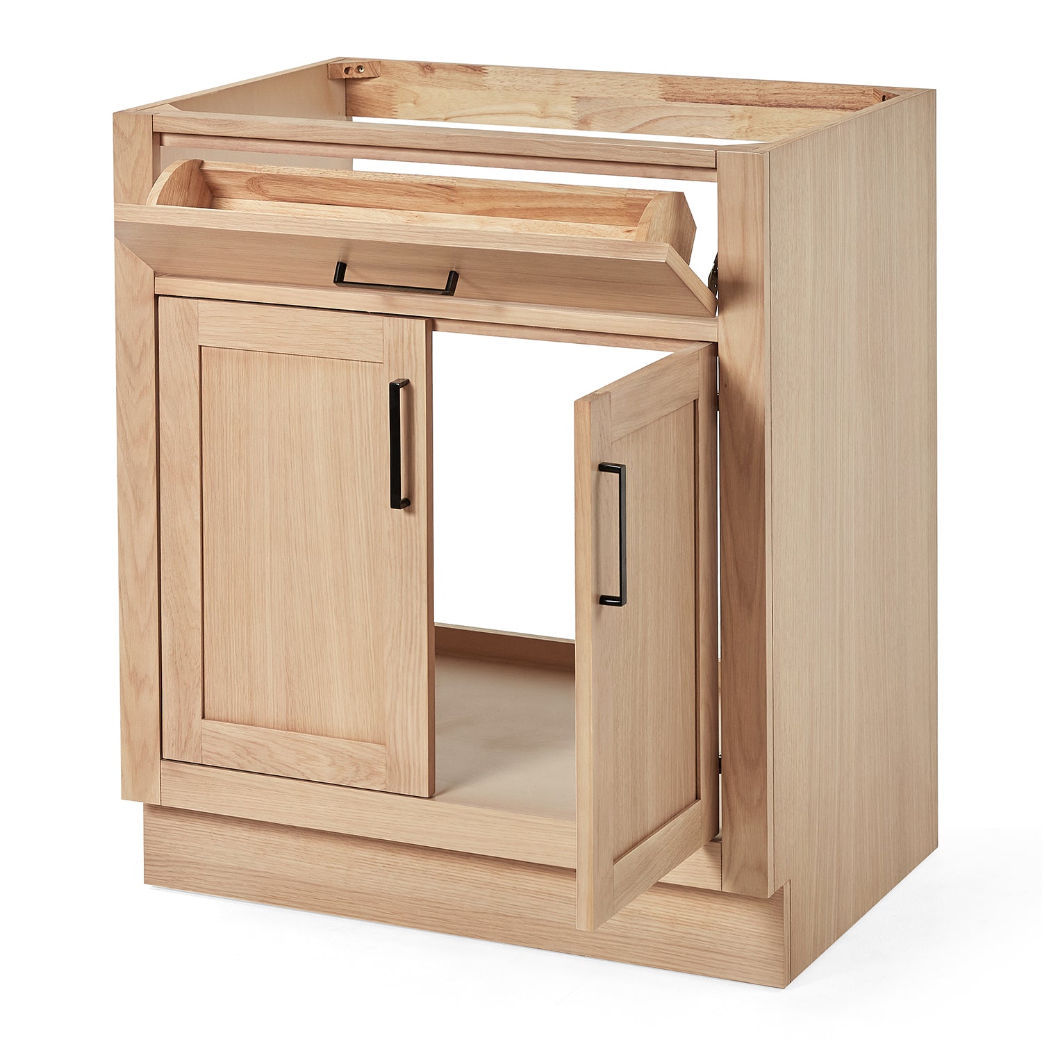 Isabella 30-inch Natural Oak base cabinet on white back ground side view open door