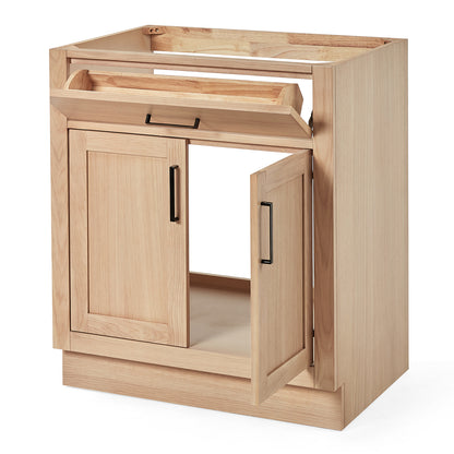 Isabella 30-inch Natural Oak base cabinet on white back ground side view open door