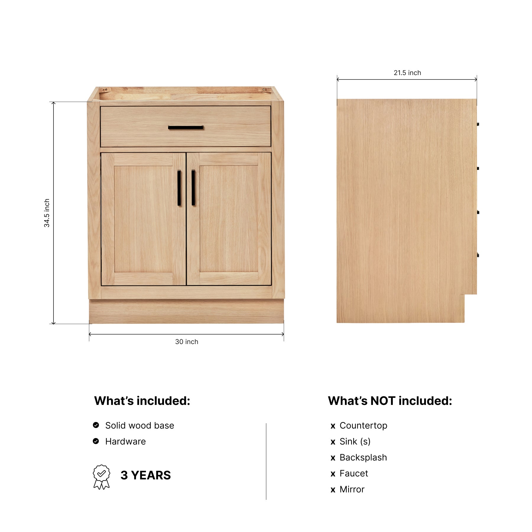 Isabella 30-inch Natural Oak base cabinet on dimensions