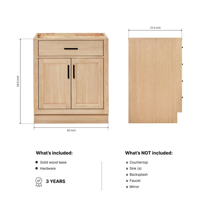 Isabella 30-inch Natural Oak base cabinet on dimensions