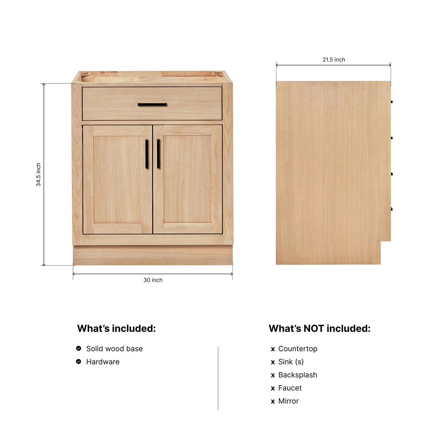 Isabella 30-inch White Oak base cabinet on dimensions