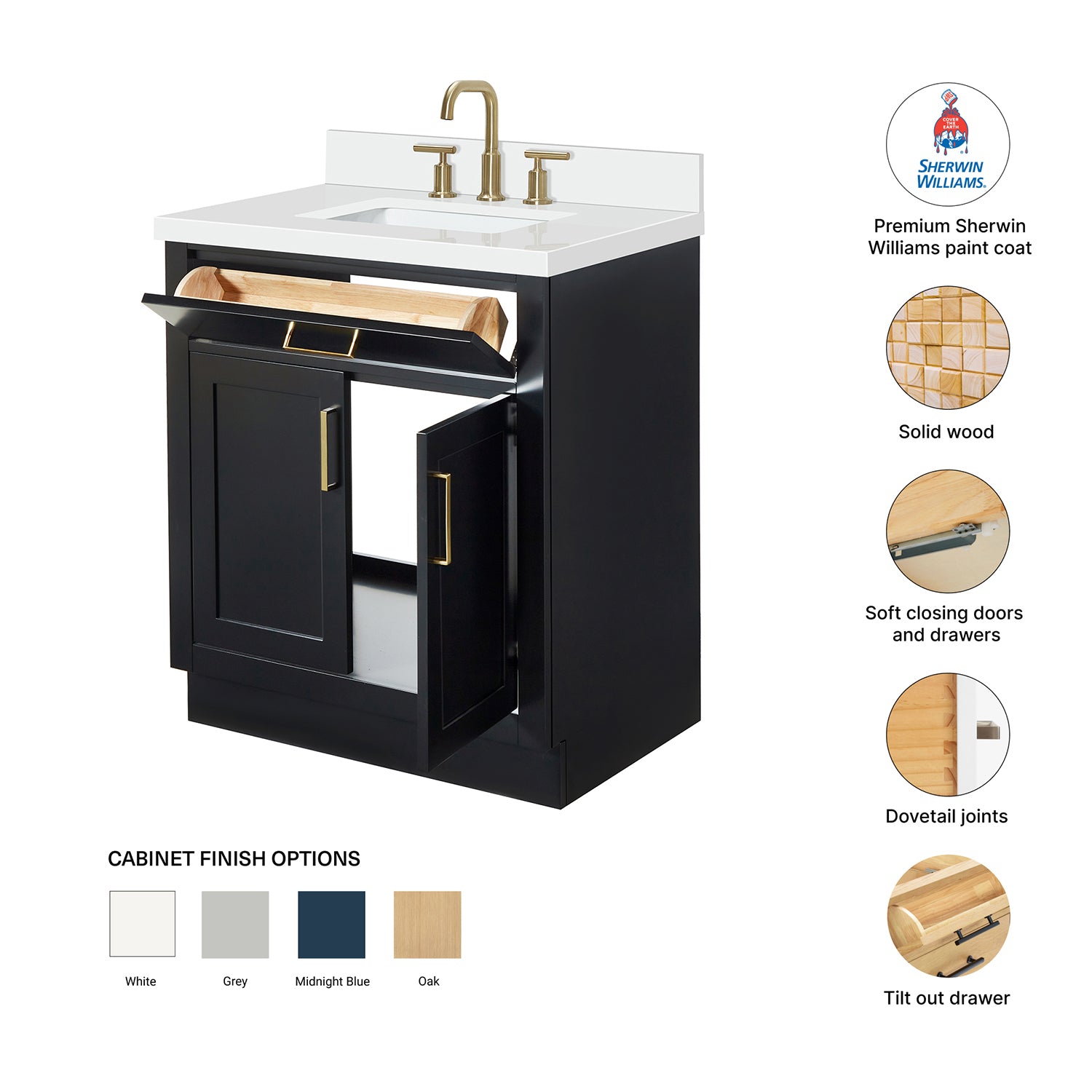 Isabella 30-Inch Black bathroom vanity – feature highlights: solid wood frame, soft-close doors and drawers, Sherwin-Williams paint finish