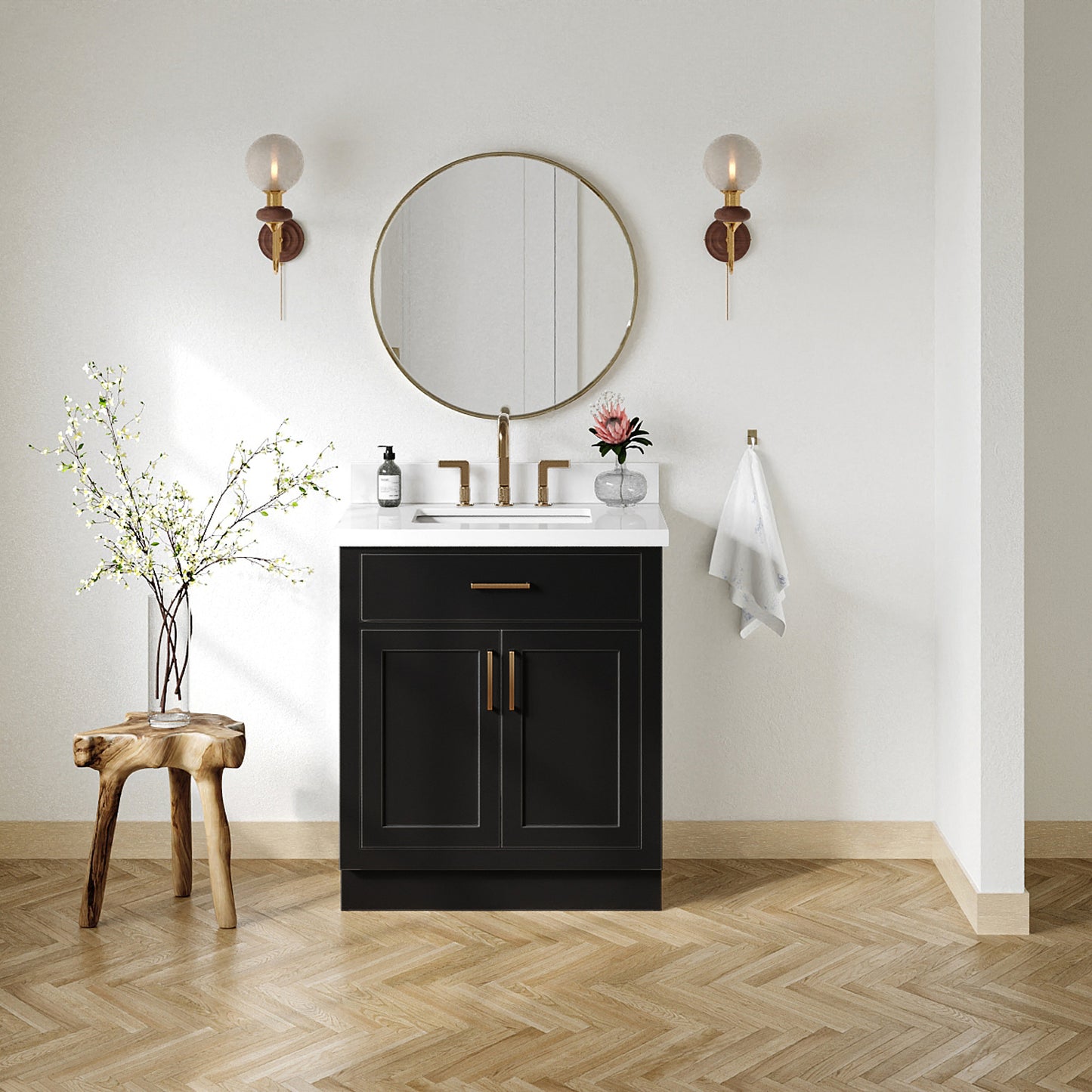 Isabella 30-Inch Black bathroom vanity in styled bathroom setting